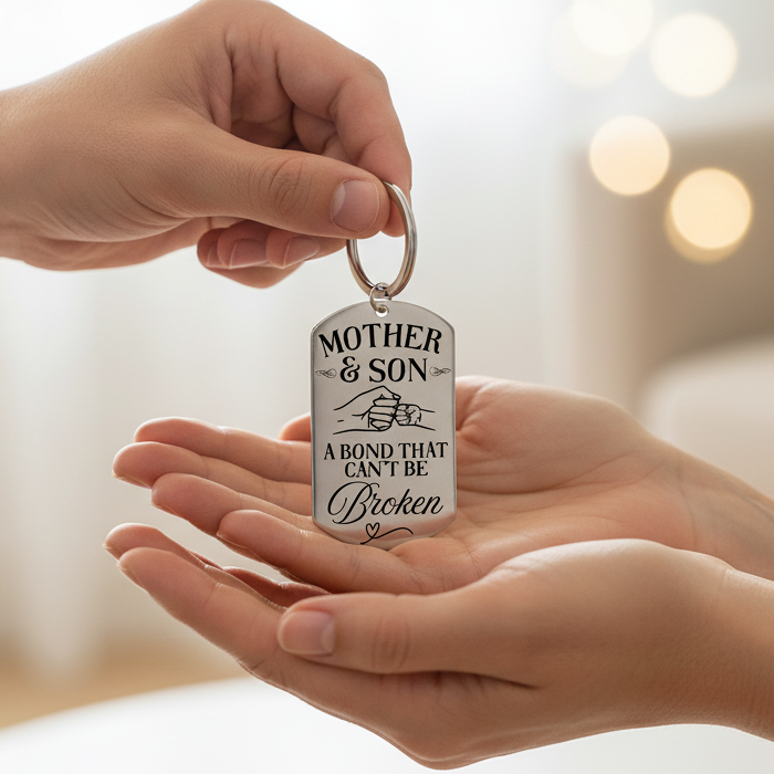 Keychain with 'Mother & Son A Bond That Can't Be Broken' text on a white background