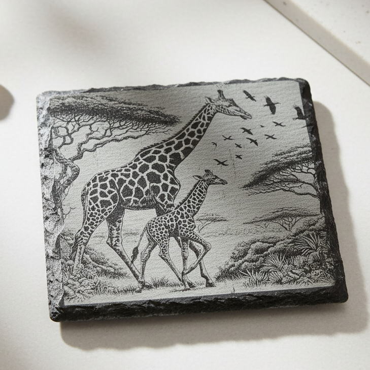 Slate coaster engraved with a mother and baby giraffe in their natural habitat, wildlife gift for Mum or animal lover.