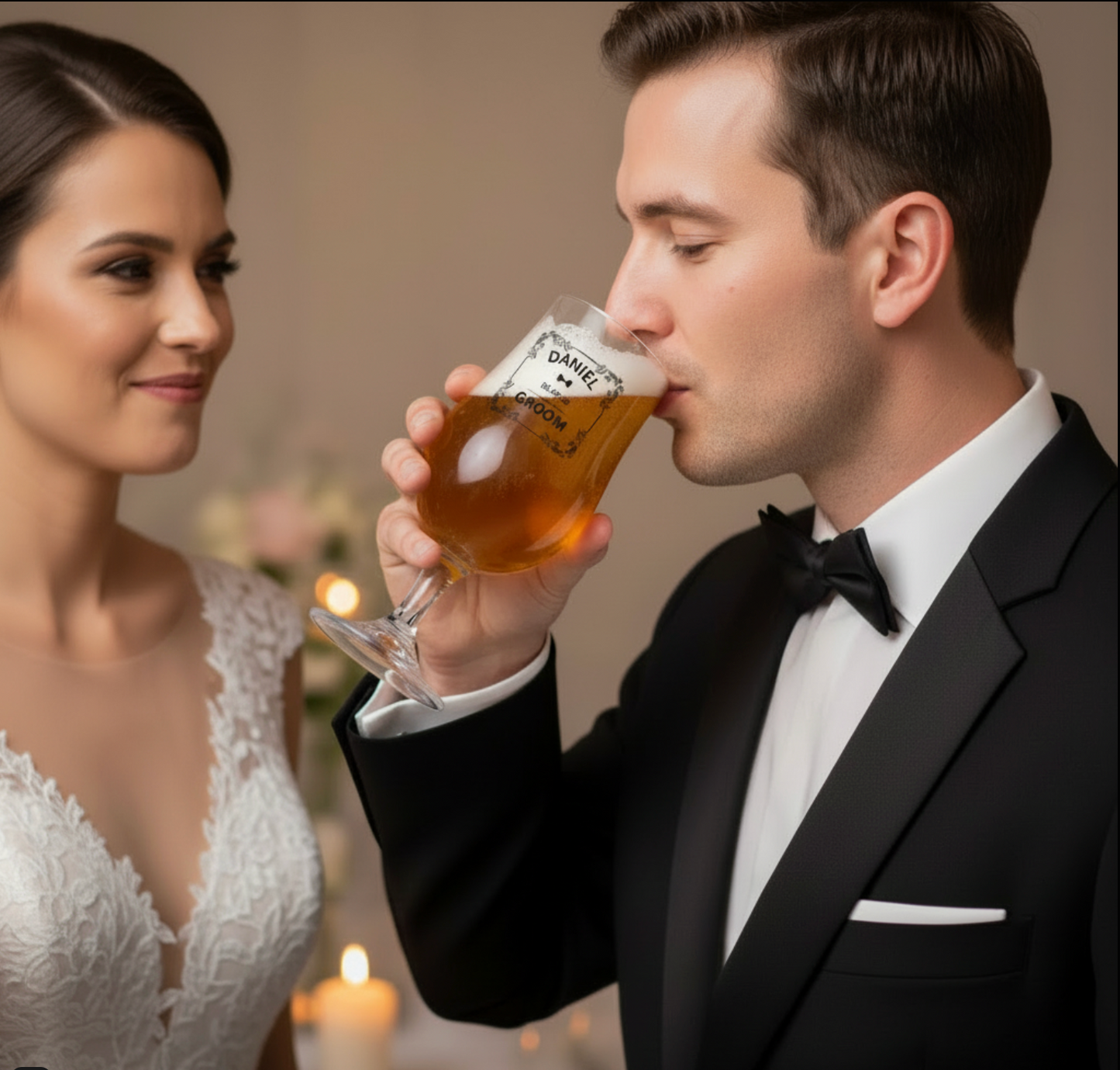 Groom in black tie drinking from a personalised wedding beer glass while bride looks on — showing the custom name and role design on a stemmed tulip glass