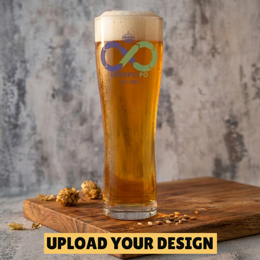 Personalised 1-pint Aspen schooner beer glass printed with a custom holiday design, shown as an example of full colour print quality on the wide-bodied schooner shape