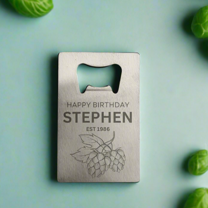 Personalised Beer Hop Birthday Bottle Opener, add name, stainless steel kitchen utensils, custom laser engraved, 18th 21st 30th 40th 50th 60th small gift