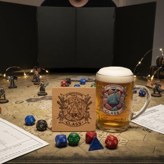 Personalised Dungeons and Dragons pint glass with full-colour D20 dice crest design, custom name engraved, shown with matching bamboo coaster on kitchen counter