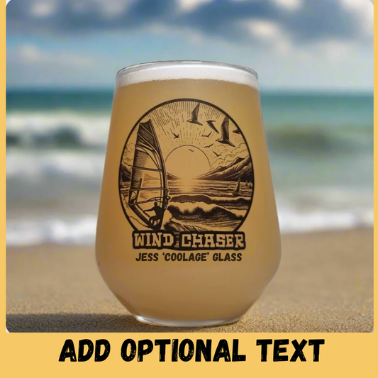 Custom Windsurfing-Themed Glass – Personalised Ink-Printed Design with Name FirstGlassDesigns