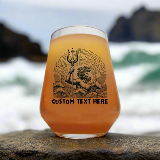 Personalised Poseidon Beer Glass – Greek Sea God Trident & Wave Outline Design
