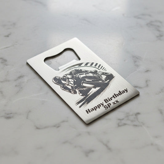 Bottle opener with motorcycle design and 'Happy Birthday SP xx' text on a white background