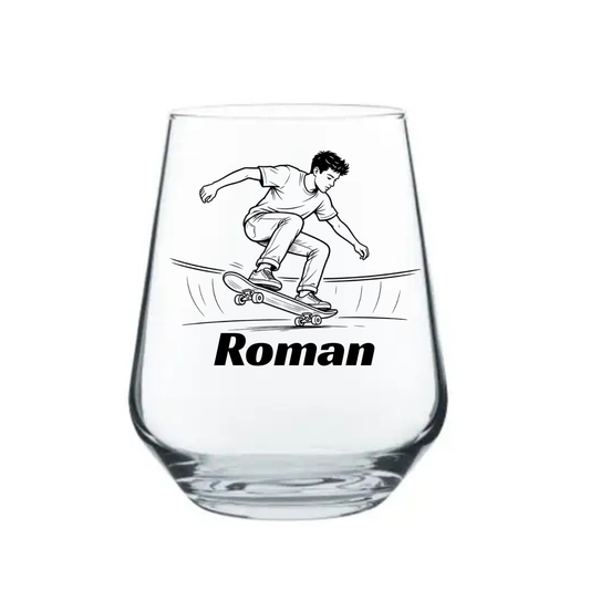 Personalised skate park stemless beer glass custom printed with
detailed urban skateboarder sketch scene and city skyline with
personalised name below on white background