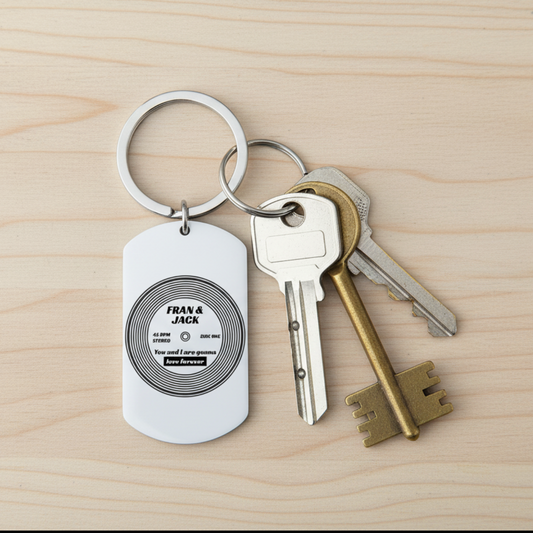 Personalised vinyl record keychain with custom couple names Fran and Jack, 45 RPM design, love forever message