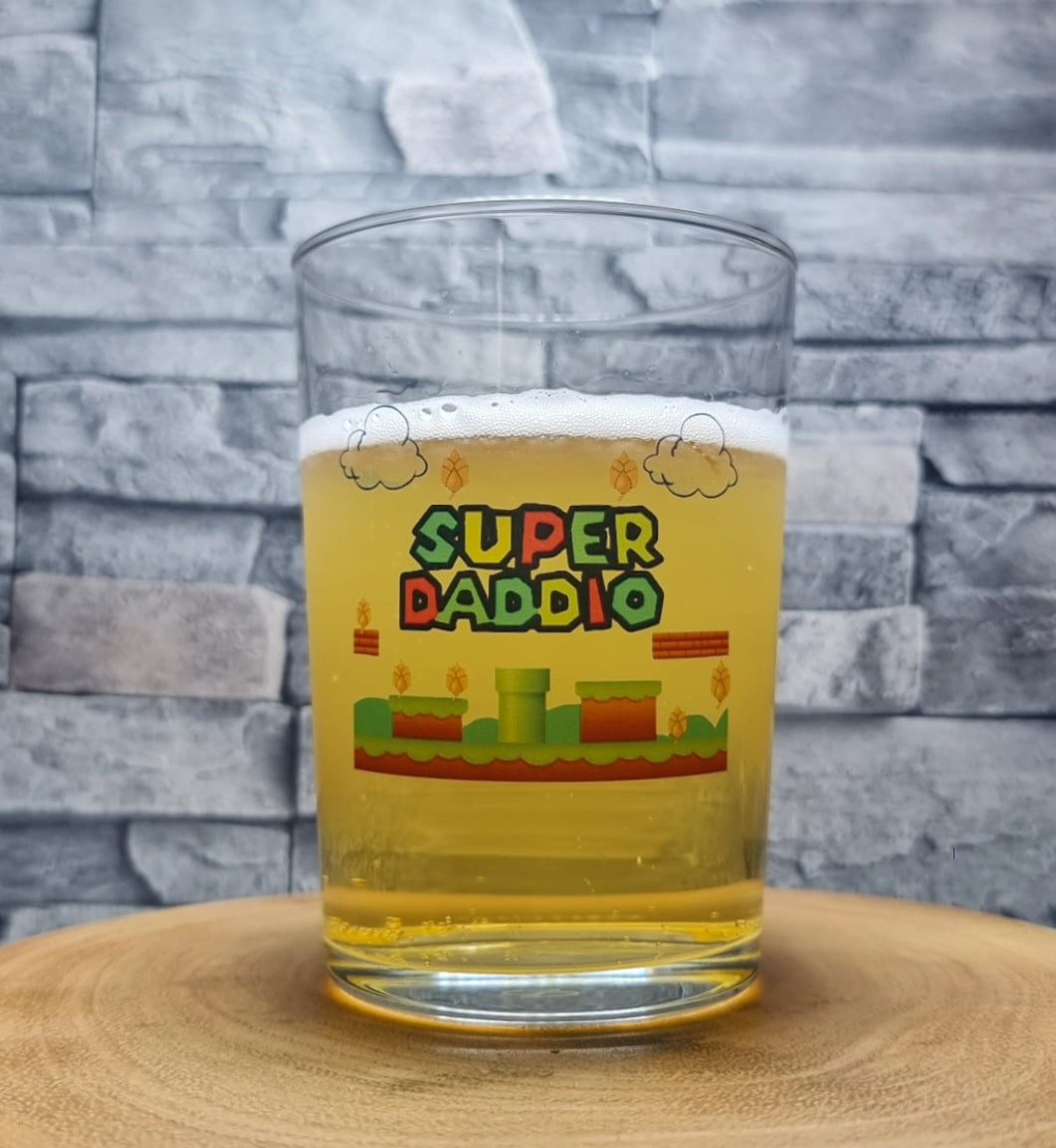 Super Daddio: Mario Inspired Beer Tumbler Glass - Power Up Your Dad's Drinks! Beer Glass Gift Idea For Dad