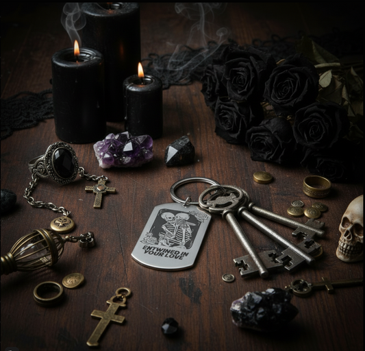 Entwined in Your Love Stainless Steel Keyring – Romantic Skeleton Keychain – Unique Couple Gift, Gothic Love Accessory, Laser Engraved Metal Keyring FirstGlassDesigns