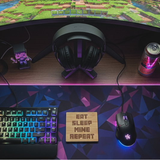 Gaming setup with keyboard, mouse, headphones, and motivational coaster on a desk.
