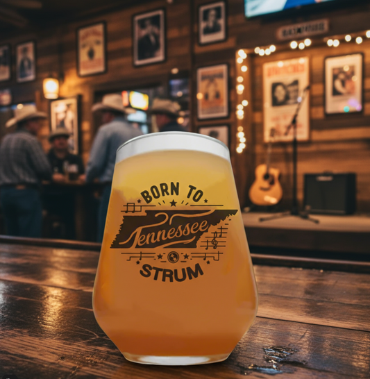 Tennessee State Outline Beer Glass with Music Note – ‘Born to Strum’ Western Country Design FirstGlassDesigns
