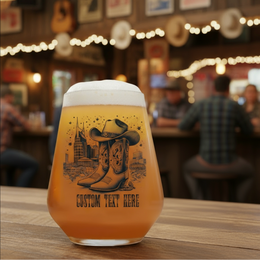 Personalised Nashville Skyline Country & Western Glass – Ink Printed, Dishwasher Safe | Custom Text | Optional Matching Bamboo Coaster FirstGlassDesigns