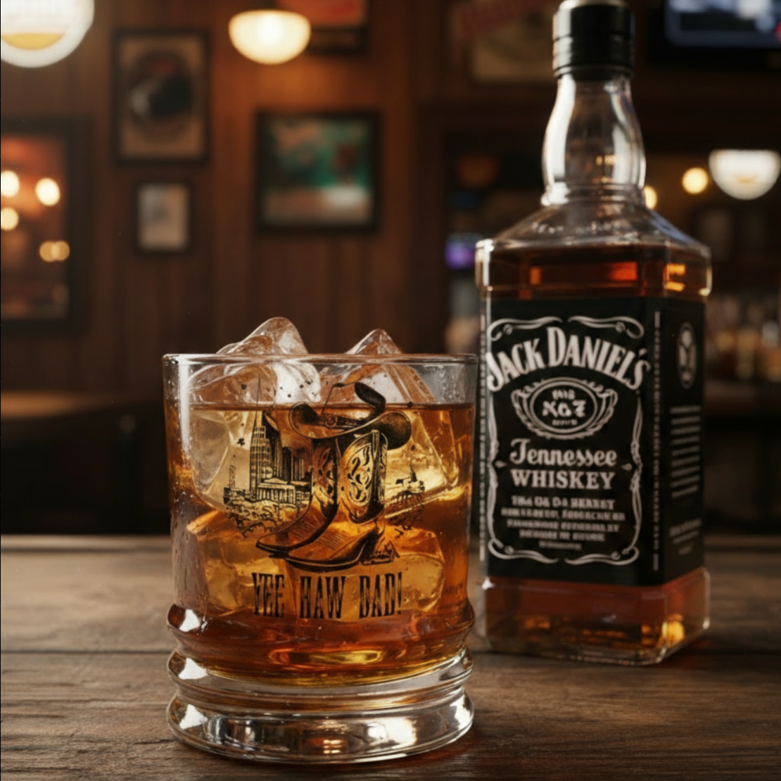 Personalised Nashville Skyline Country & Western Glass – Ink Printed, Dishwasher Safe | Custom Text | Optional Matching Bamboo Coaster