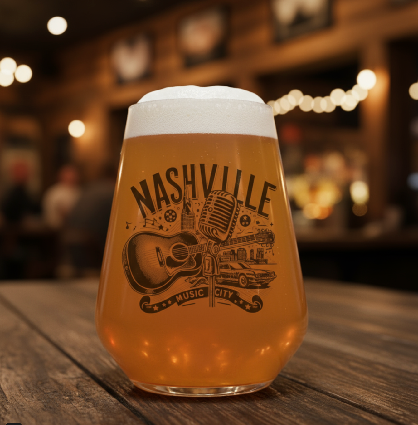 Personalised Western / Country Beer Glass - Retro Guitar & Microphone – 'Nashville Music City' Vintage Line Art FirstGlassDesigns