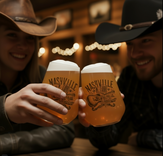 Personalised Western / Country Beer Glass - Retro Guitar & Microphone – 'Nashville Music City' Vintage Line Art FirstGlassDesigns