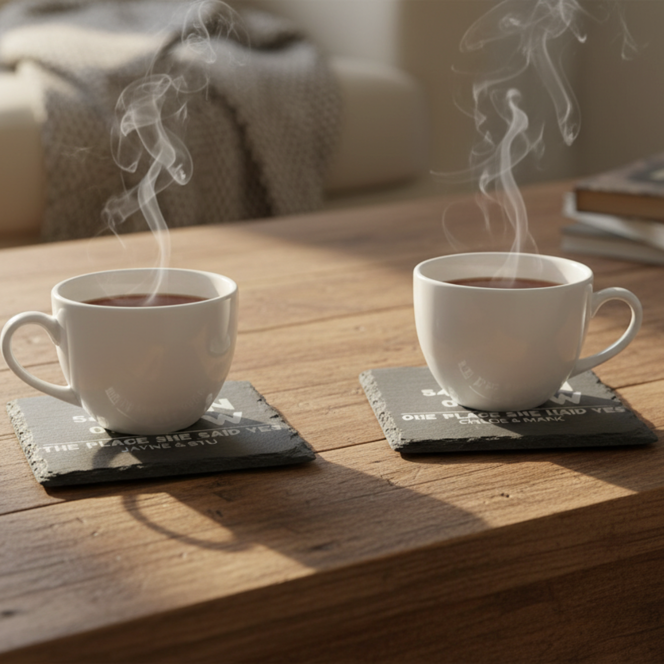 Personalised slate coasters with engraved GPS coordinates and custom names - wedding engagement gift