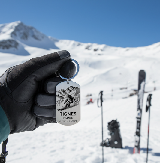 Tignes Skiing Keyring | Personalised French Alps Gift UK FirstGlassDesigns