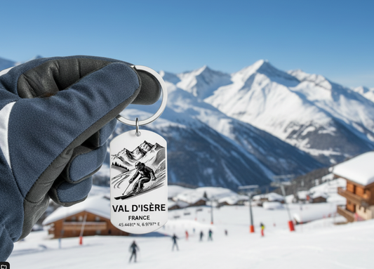 Val d'Isère Skiing Keyring | Personalised French Alps Gift UK FirstGlassDesigns
