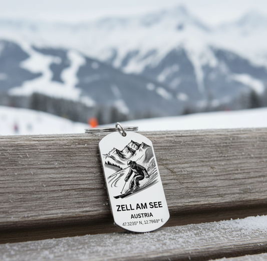 Zell am See Skiing Keyring | Personalised Austrian Alps Gift UK FirstGlassDesigns