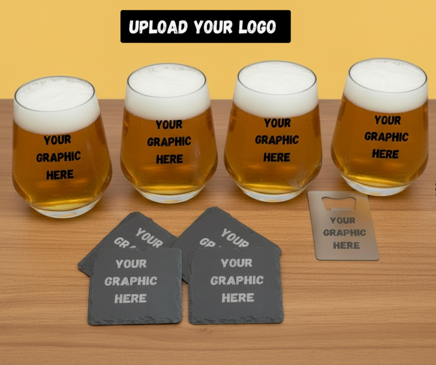 personalised home bar beer glass set with upload logo custom glasses coasters and bottle opener