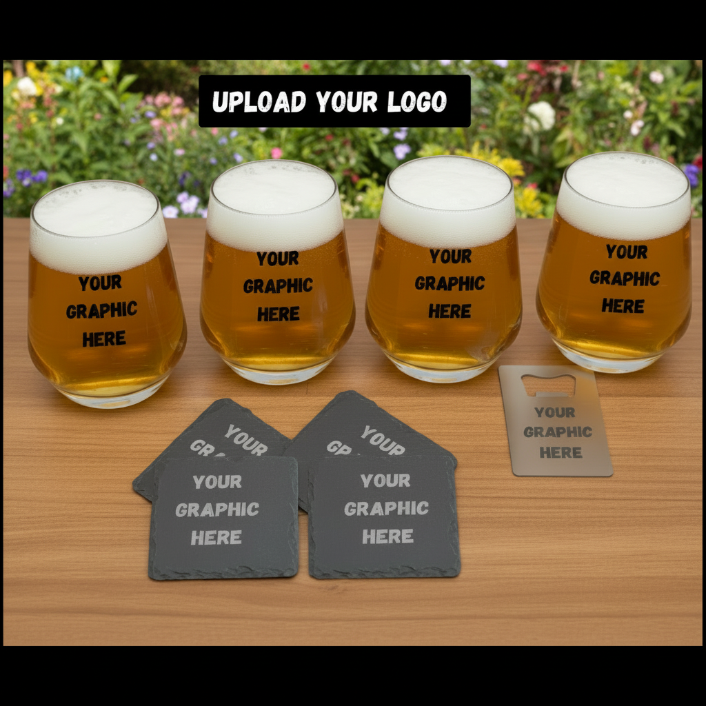 personalised home bar beer glass set with upload logo custom glasses coasters and bottle opener