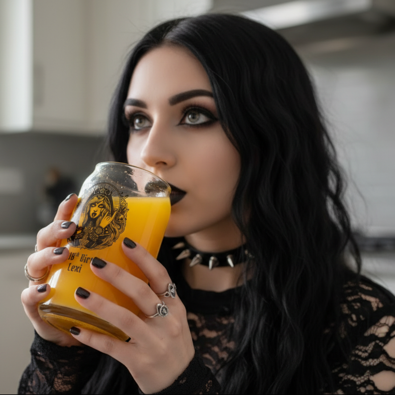 Personalised 18th birthday beer glass with hand-etched custom name and age, featuring mystical goddess illustration with moon phase and celestial design elements