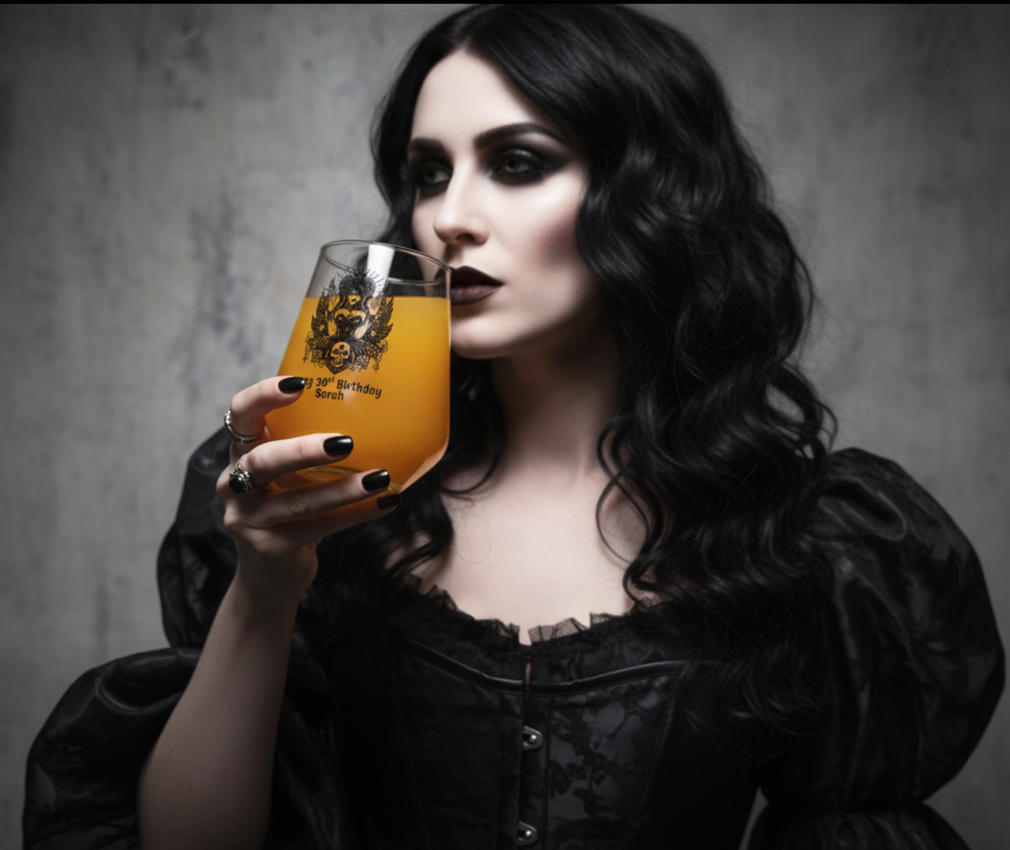 Personalised 30th milestone birthday wine glass with custom name engraving, featuring dark mystical goddess illustration with gothic and celestial design elements