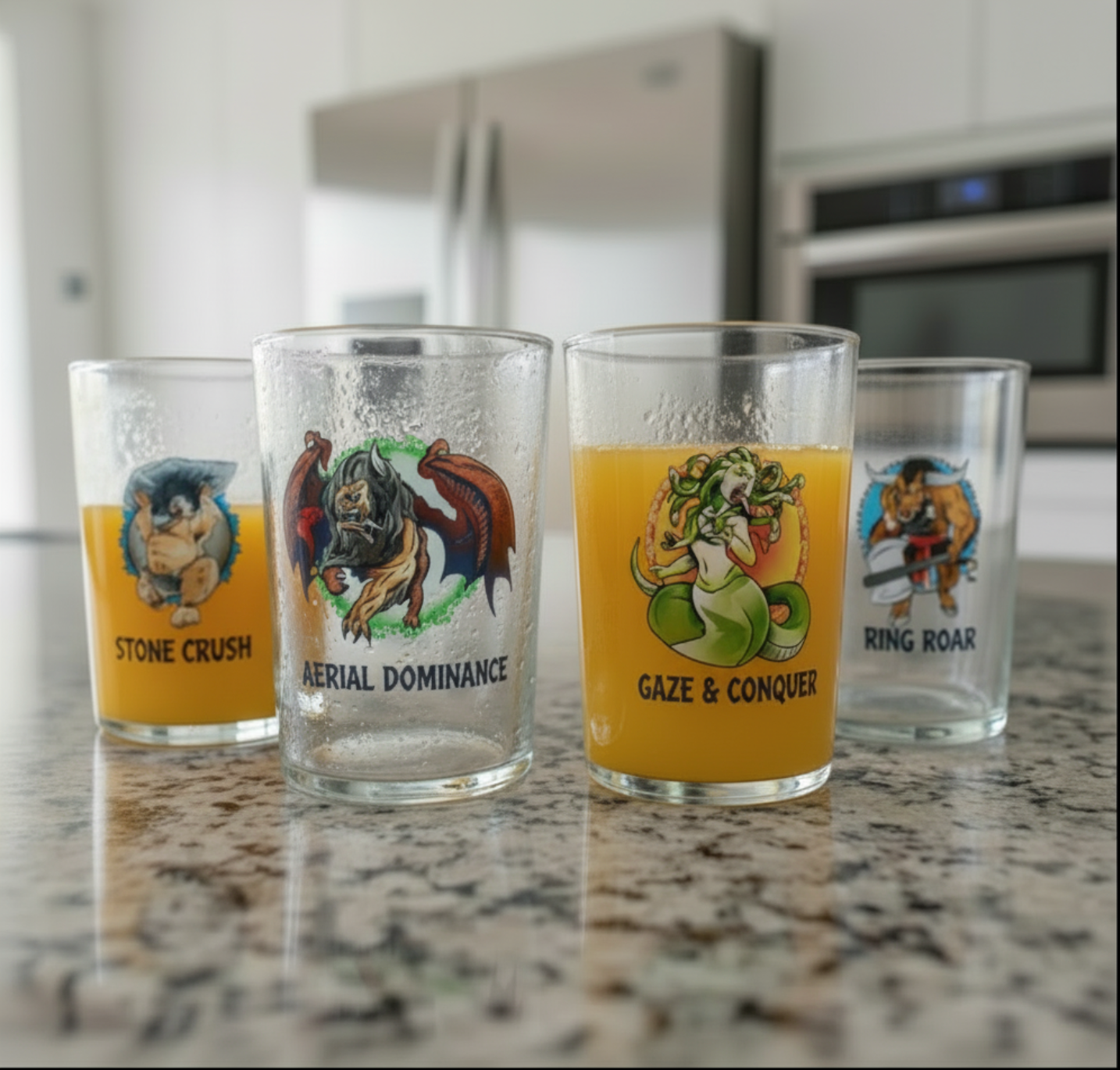 Close up of Greek mythology printed beer glass designs — Medusa and Minotaur bold artwork on premium 50cl glass, mythology gift idea by First Class Designs