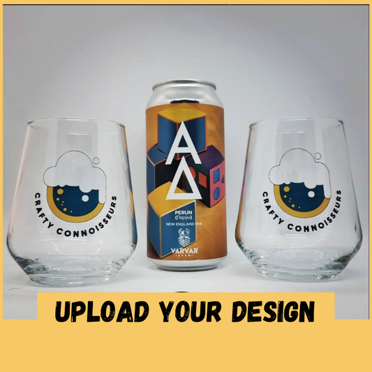 Two personalised Allegra stemless glasses printed with Crafty Connoisseurs logo in blue and gold, flanking a craft beer can — showing full colour print quality on the rounded teardrop-shaped glass