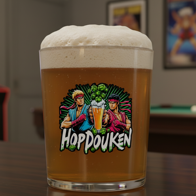 Hopdouken Hops retro gaming beer glass — arcade inspired Allegra Schooner gift by First Glass Designs UK
