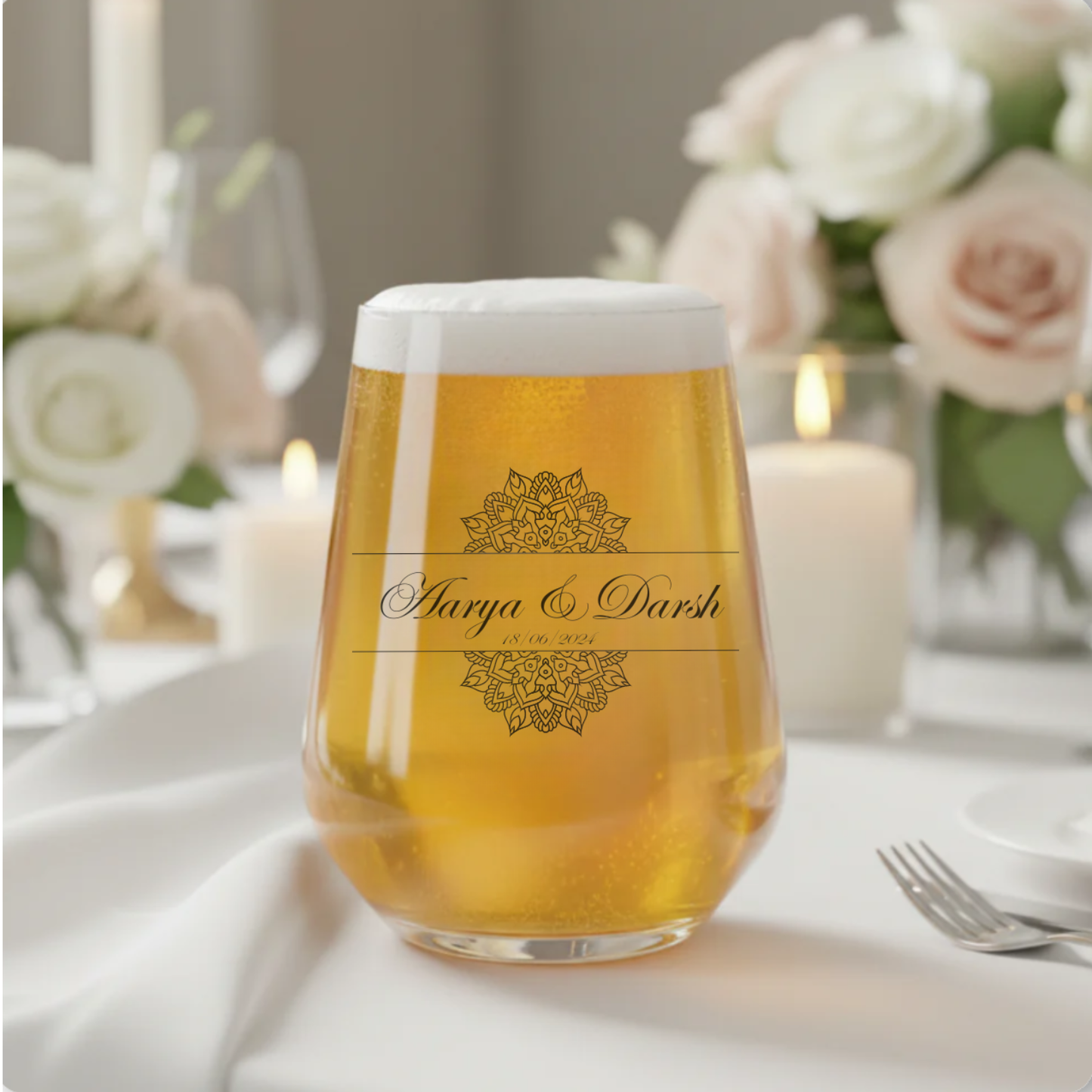 Personalised Hindu wedding glass with gold lotus mandala design — custom printed with names and date by First Glass Designs UK