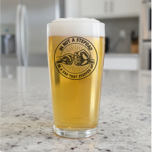 “Dad Who Stepped Up” Printed Pint Glass – Funny & Heartfelt Gift for Stepdad – Ink Printed, Beer Glass FirstGlassDesigns