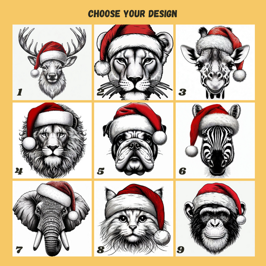 Grid of animal portraits wearing Santa hats on a yellow background with text 'Choose Your Design'.