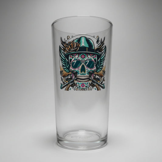 Skull cowboy beer glass — side angle showing cowboy hat skull illustration