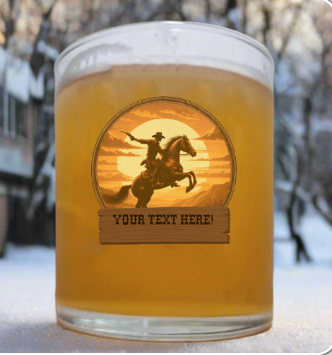 Vintage Cowboy Rearing Horse Glass – Western Sunset Design, Personalised Drinkware Gift