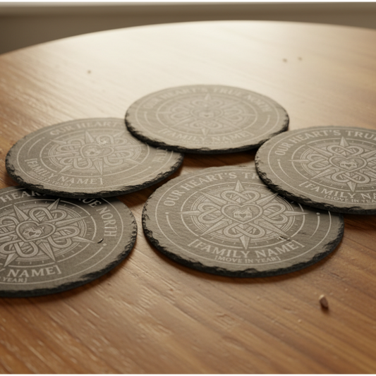 Custom personalised compass design slate coaster with family name and year, thoughtful housewarming gift for couples