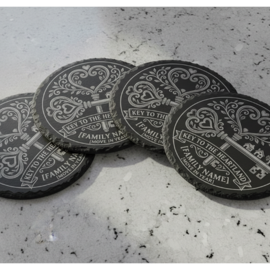 Custom family name and year slate coaster with ornate key design, personalised new home gift for couples