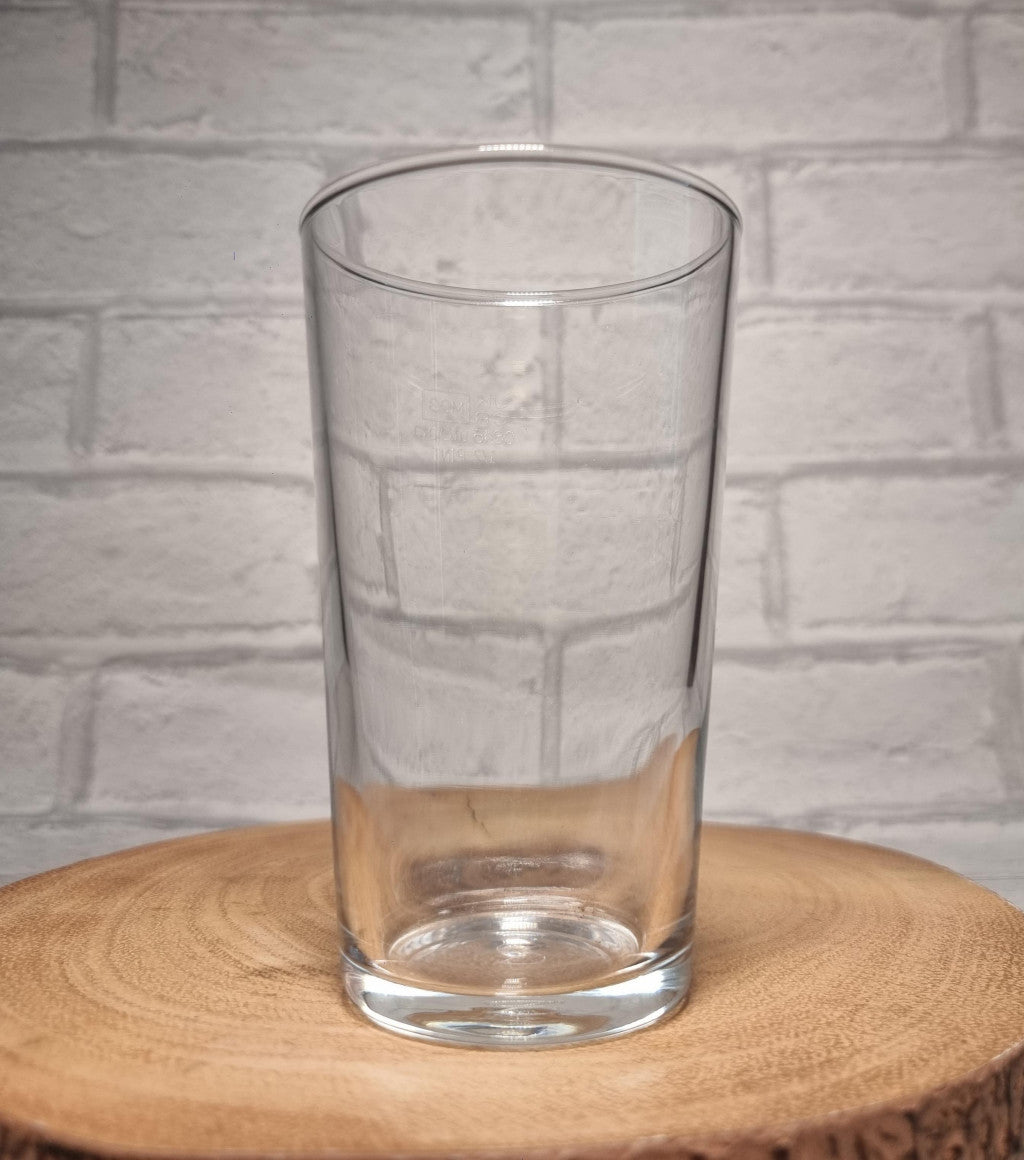 Plain 1-pint conical pint glass shown before custom design is applied — classic British pint glass shape with tapered sides