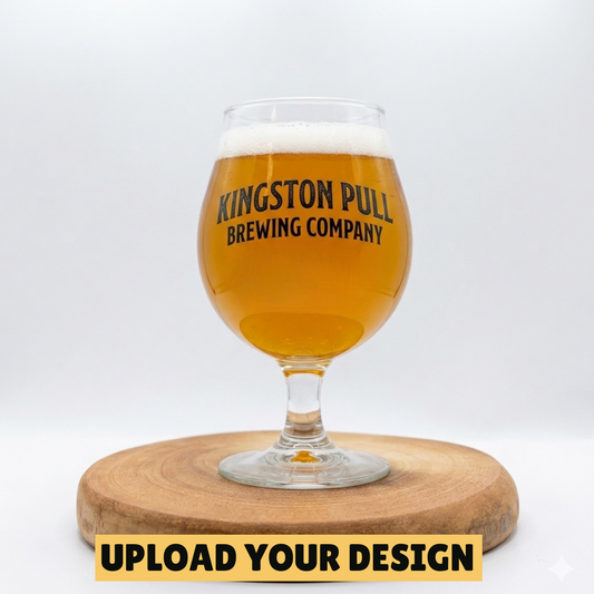 Close up of custom printed brewery text design on personalised stemmed tulip beer glass, upload your own design gift