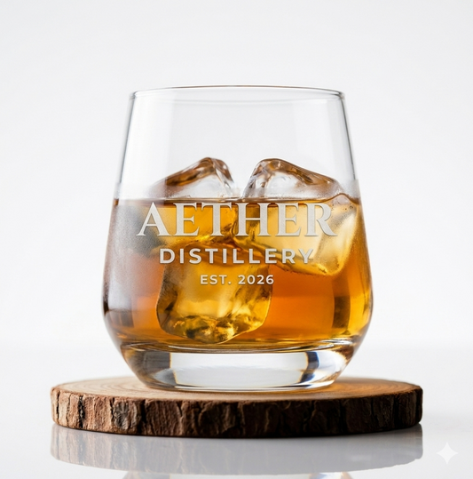 Close up of custom printed distillery branding on personalised 334ml barrel shaped whiskey tumbler, upload your own design