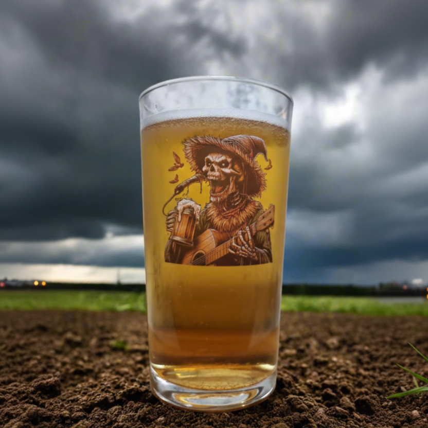 Halloween Horror Beer Glass – Skeleton Scarecrow Playing Guitar Custom Design