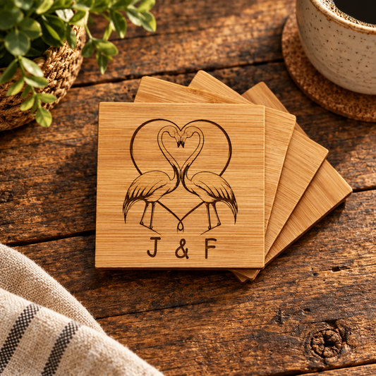 Personalised bamboo coaster featuring two flamingos forming a heart shape with laser engraved initials