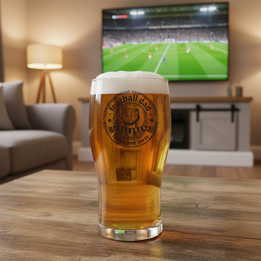 Clear glass with 'football dad home and away' text and design on a coffee table with football on the tv in the background