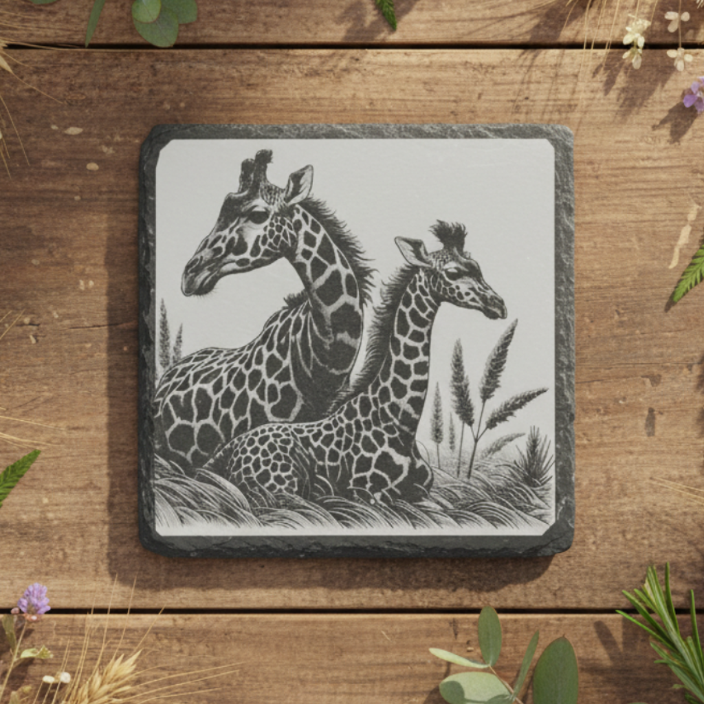 Personalised slate or bamboo coaster engraved with a detailed illustration of a giraffe and its baby, highlighting their gentle bond and long necks, natural wood or stone texture, perfect for wildlife enthusiasts or as a thoughtful, nature-themed gift.