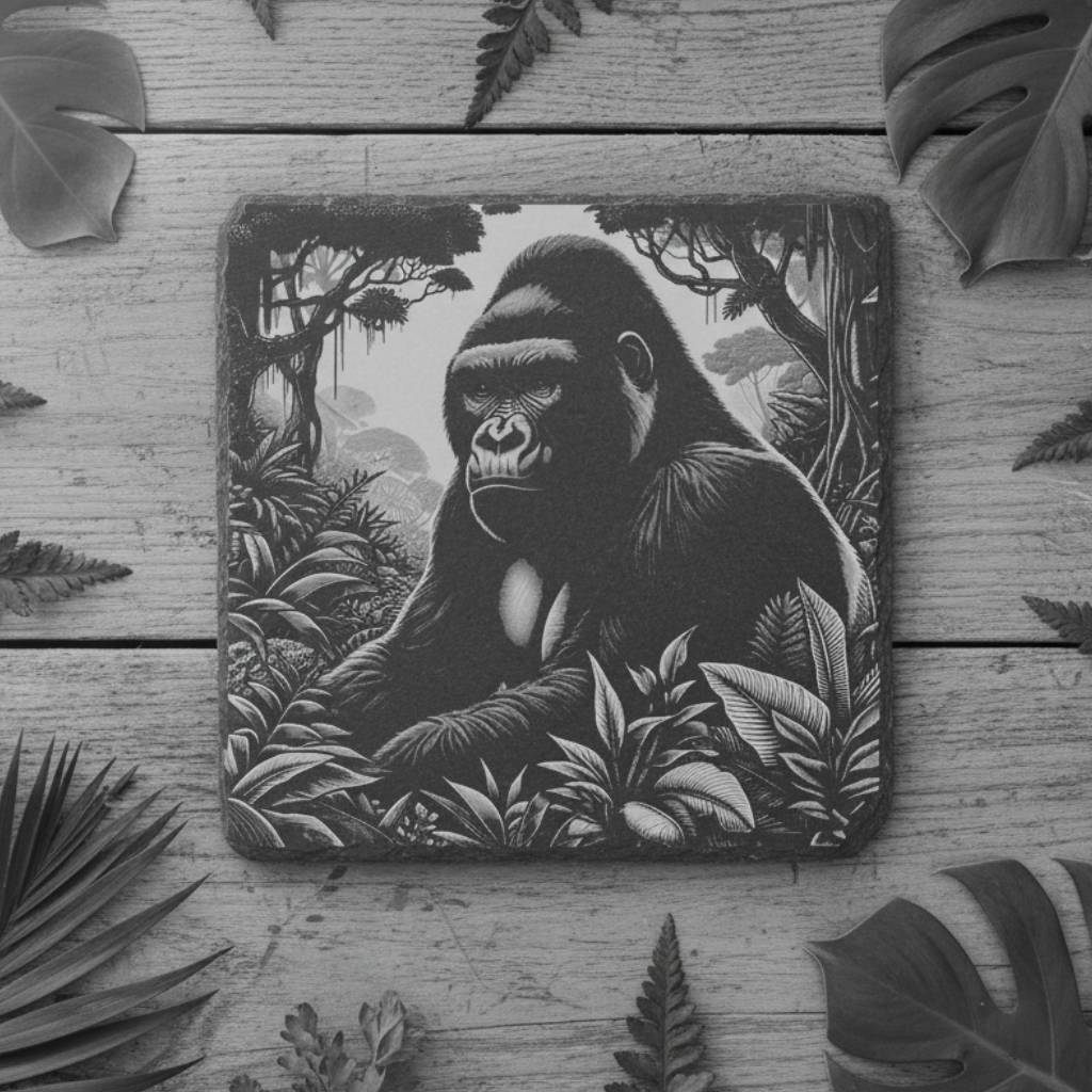 Personalised slate or bamboo coaster engraved with a detailed gorilla illustration, capturing its powerful and majestic features, natural wood or stone texture, ideal for wildlife lovers or as a unique, animal-themed gift.