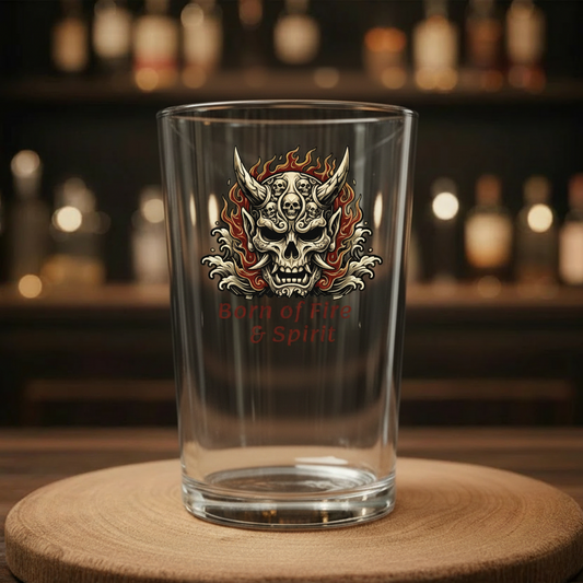 Japanese tattoo style Hannya mask pint glass with skull and flames, unique gift for him