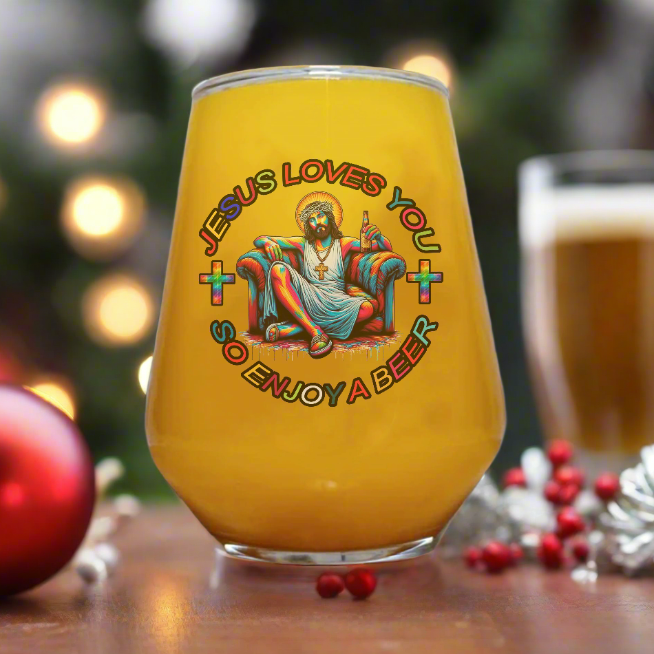 Jesus Loves You novelty beer glass with full-colour print by First Glass Designs UK