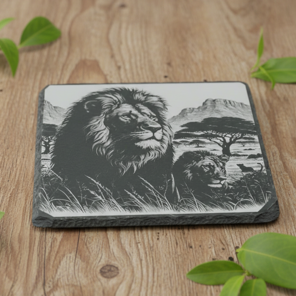 personalised slate or bamboo coaster engraved with a detailed male lion pride illustration, showcasing its distinctive black-and-white stripes, natural wood or stone texture, perfect for wildlife enthusiasts or as a stylish animal-themed gift.