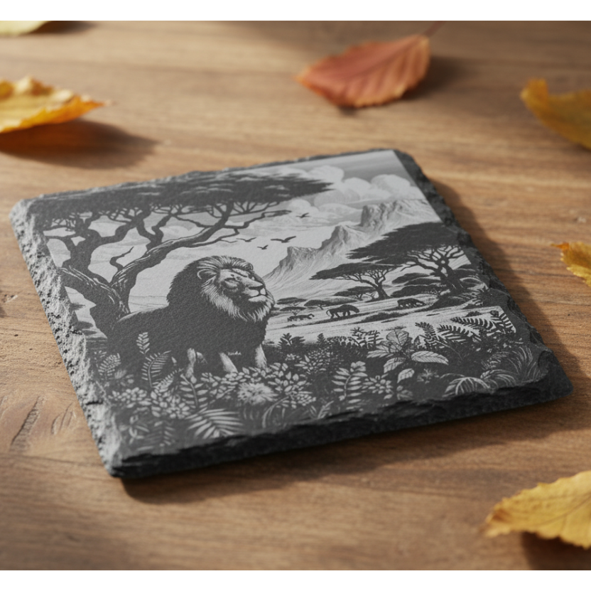 Personalised slate or bamboo coaster featuring a highly detailed engraved lion design, natural texture with intricate linework, perfect for animal lovers, wildlife-themed gift, or unique home décor accessory.