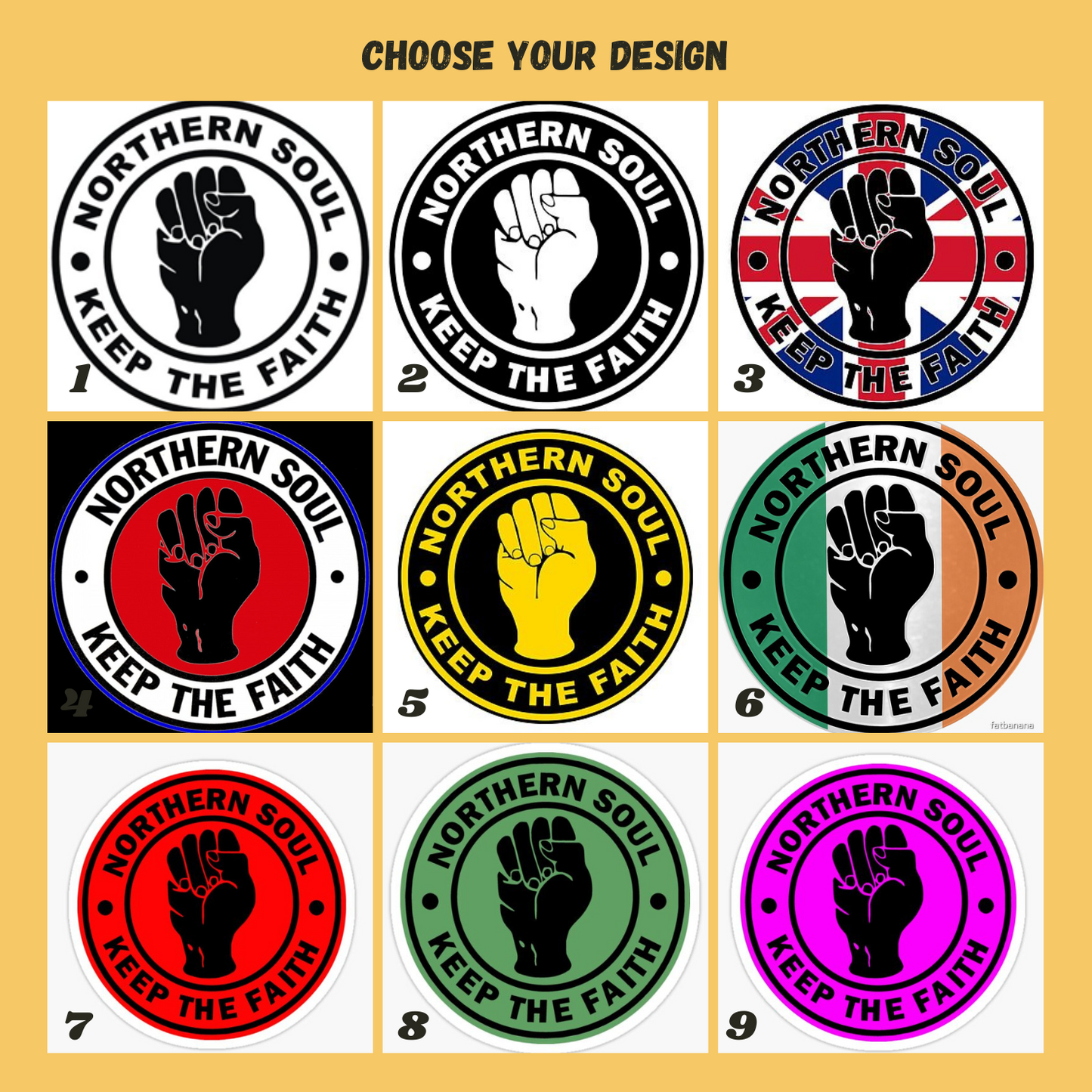 Nine Northern Soul design options with a fist and text on a yellow background